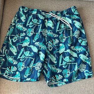 Old Navy Teal and Navy Parrot Print Swim Trunks